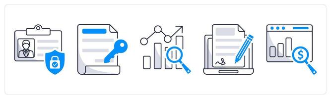 A set of 5 blockchain icons as id protection, digital key, benchmark vector