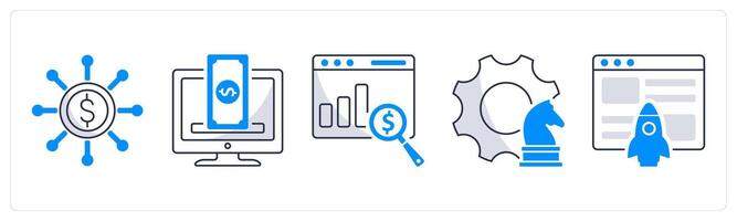 A set of 5 blockchain icons as crowdfunding, crowdfunding platform, financial data analytics vector