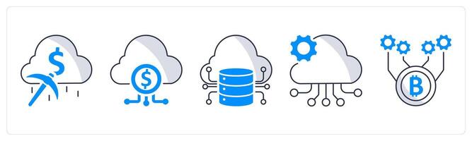 A set of 5 blockchain icons as cloud mining, fintech industry, big data vector