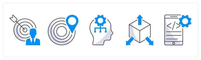 A set of 5 business icons as business target, geo targeting, critical thinking vector