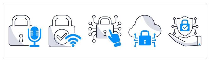 A set of 5 security icons as voice lock, wireless security, access control vector
