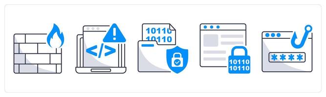 A set of 5 security icons as firewall, code issue, data encryption vector