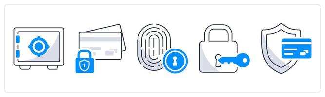 A set of 5 security icons as crypto vault, secure payment, fingerprint security vector