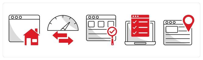 A set of 5 web design icons as home page, speed bandwidth, usability control vector