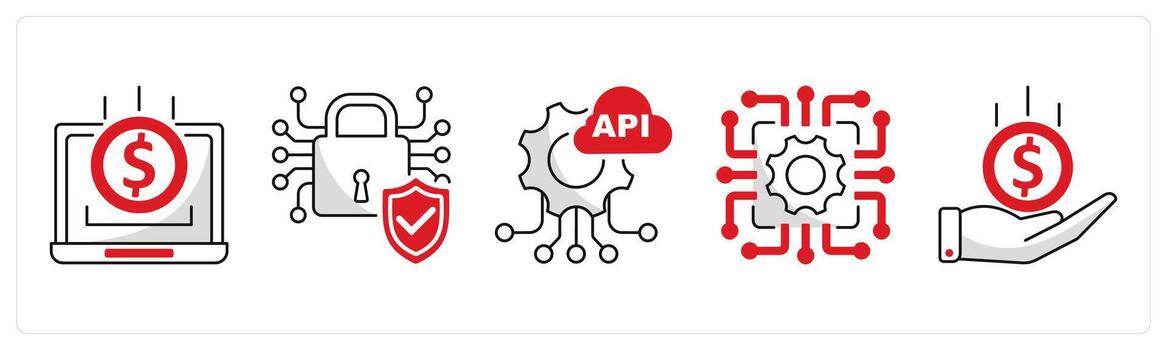 A set of 5 blockchain icons as online income, confidential, api vector