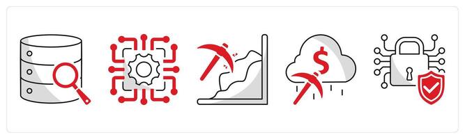 A set of 5 blockchain icons as big data analytics, technology, mining vector