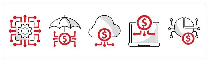 A set of 5 blockchain icons as technology, insuretech, fintech industry vector