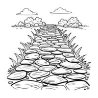 A stone path with grass and trees coloring page vector