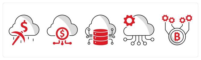 A set of 5 blockchain icons as cloud mining, fintech industry, big data vector