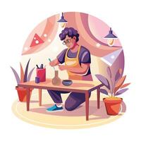 A man making pottery things with his hands, a flat style illustration vector