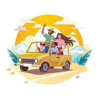 A family enjoys road trip in a car, a flat style illustration vector