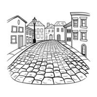 A drawing of a street with houses and a lamp post vector