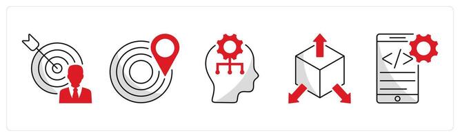 A set of 5 business icons as business target, geo targeting, critical thinking vector