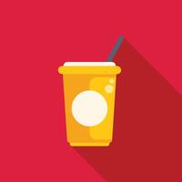 Yellow disposable paper cup with straw and round label on red background vector