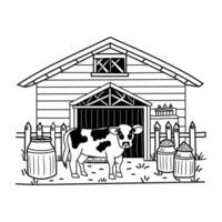 A cow is standing in front of a barn with a barrel vector