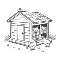 A chicken coop with two chickens in it coloring page vector