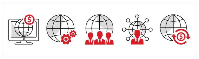 A set of 5 business icons as online business, global setting, international team vector