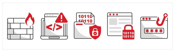 A set of 5 security icons as firewall, code issue, data encryption vector
