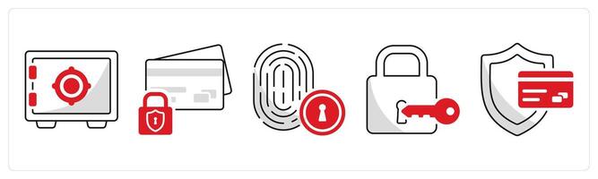 A set of 5 security icons as crypto vault, secure payment, fingerprint security vector