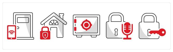 A set of 5 security icons as smart lock, home protection, crypto vault vector