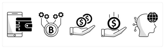 A set of 5 blockchain icons as digital wallet, bitcoin technology, pay off vector