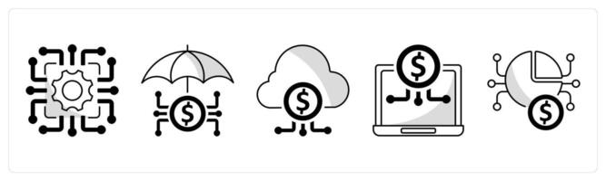 A set of 5 blockchain icons as technology, insuretech, fintech industry vector