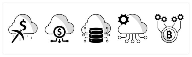 A set of 5 blockchain icons as cloud mining, fintech industry, big data vector