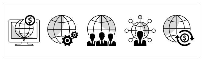 A set of 5 business icons as online business, global setting, international team vector