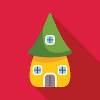 Yellow fantasy house with green conical roof on red background vector