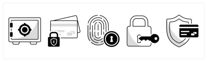 A set of 5 security icons as crypto vault, secure payment, fingerprint security vector