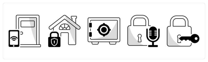A set of 5 security icons as smart lock, home protection, crypto vault vector
