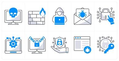 A set of 10 security icons as cyber attack, firewall, hacker vector