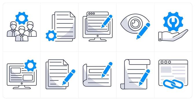 un conjunto de 10 web diseño íconos como desarrollo equipo, contenido gestión, contenido escritura vector