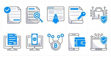 A set of 10 blockchain icons as smart contract, data, fintech, digital key vector