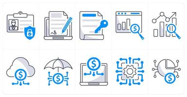 A set of 10 blockchain icons as id protection, electronic signature, digital key vector