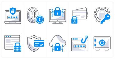 A set of 10 security icons as password safety, fingerprint security, cyber security vector