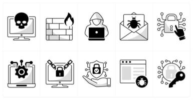 A set of 10 security icons as cyber attack, firewall, hacker vector
