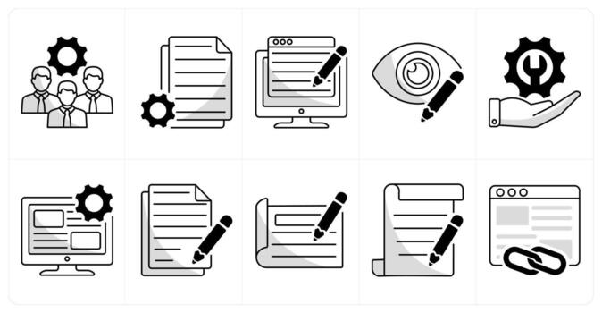 un conjunto de 10 web diseño íconos como desarrollo equipo, contenido gestión, contenido escritura vector