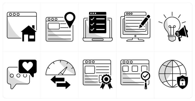 un conjunto de 10 web diseño íconos como hogar página, sitio web mapa, pruebas caracteristicas vector