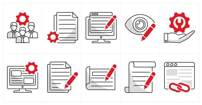 un conjunto de 10 web diseño íconos como desarrollo equipo, contenido gestión, contenido escritura vector