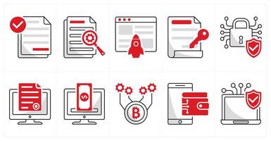 A set of 10 blockchain icons as smart contract, data, fintech, digital key vector