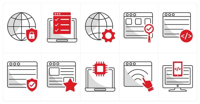 A set of 10 web design icons as network protection, testing features, development vector