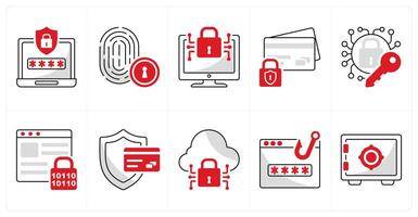 A set of 10 security icons as password safety, fingerprint security, cyber security vector
