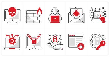 A set of 10 security icons as cyber attack, firewall, hacker vector