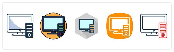 A set of 5 PC icons as Computer, Desktop, Monitor vector