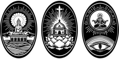 Three different religious symbols on a black and white background vector