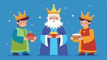Three kings with crowns and a king holding a cake vector