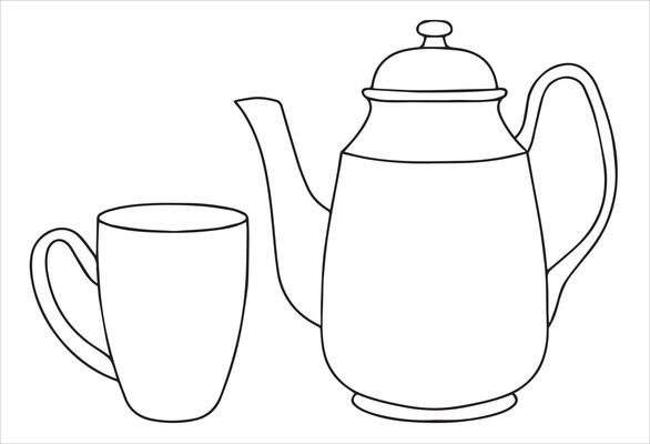 Coloring book. Set of teapot and cup. Cute vintage teapot and mug for tea