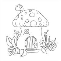 Coloring book. Cute fairy house mushroom. Drawing for children. House in the forest. Doodle vector