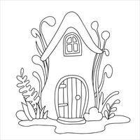 Coloring page. Cute fairy house mushroom. Drawing for children. House in the forest. Doodle vector